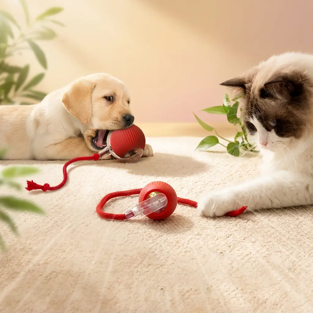 Puppy and Cat Playing with Ball