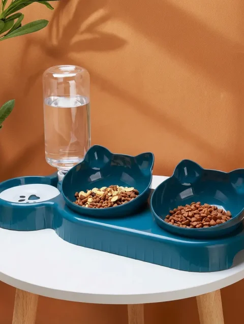 Pet Bowls With Water Feeder 3 In 1 Ear Design Tilted Cat Water And Food Bowl Set